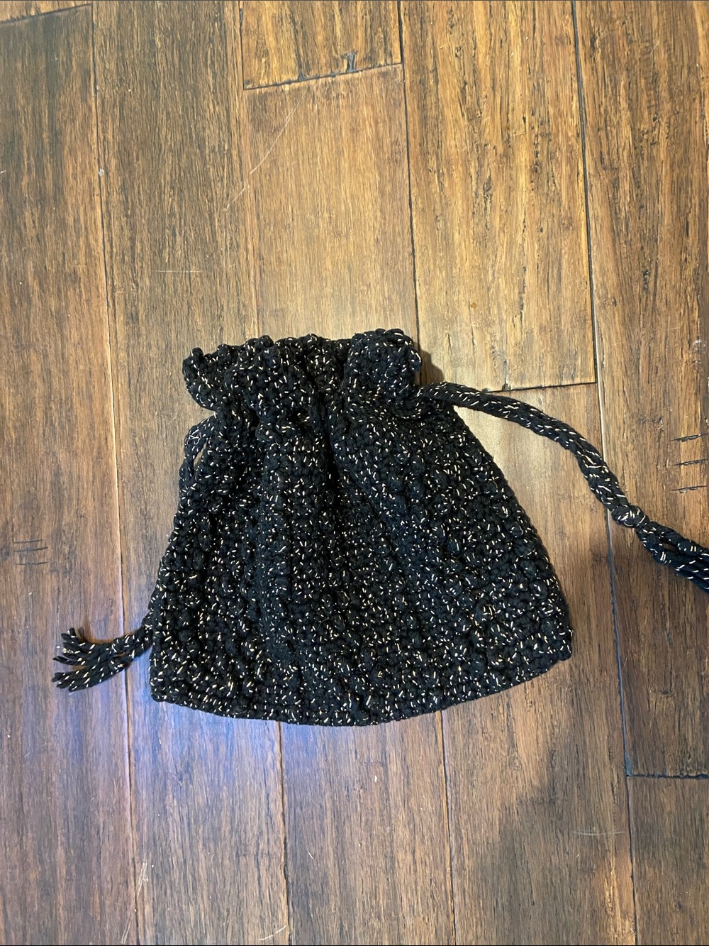Vintage Black Crochet Drawstring Evening Pouch with Metallic Thread